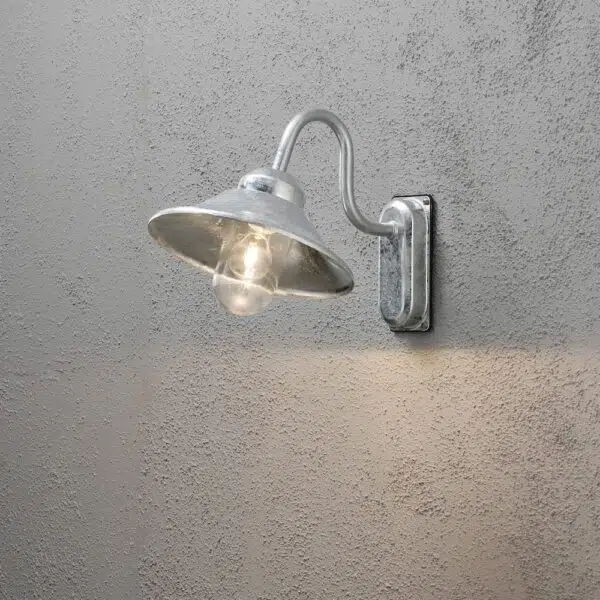 modern curved arm exterior wall light with glass shade silver galvanized - Stillorgan Decor