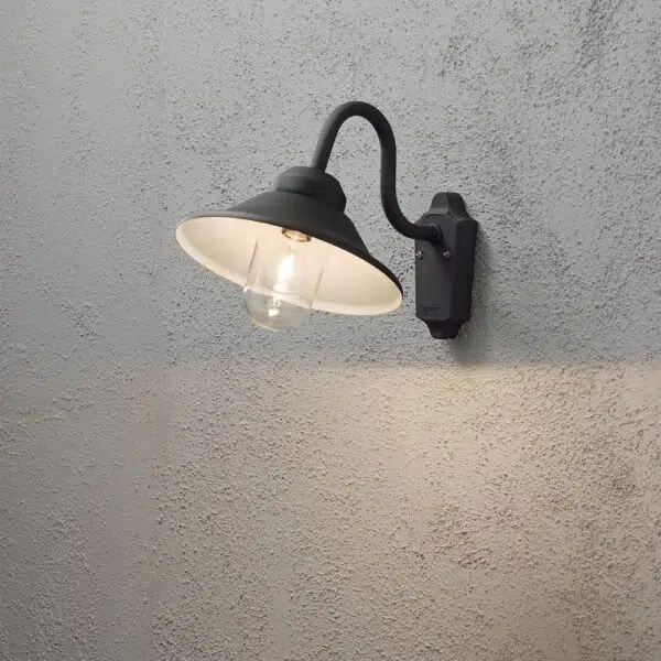 modern curved arm exterior wall light with glass shade black - Stillorgan Decor