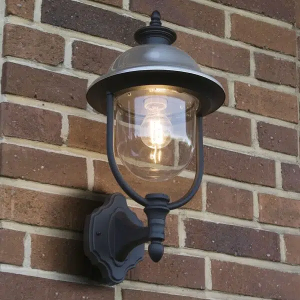 modern classic up light domed outdoor wall light black with clear glass - Stillorgan Decor
