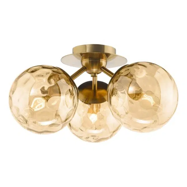 elegant 3 light flush ceiling light antique brass and amber glass - Stillorgan Decor