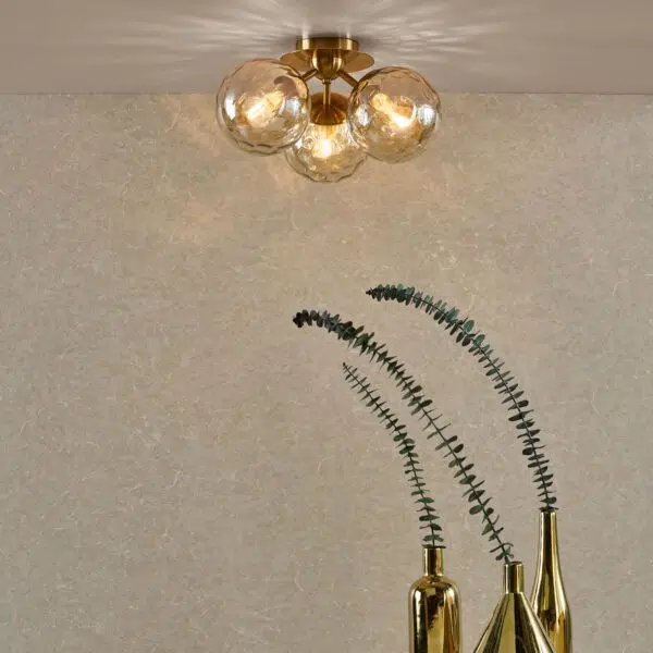 elegant 3 light flush ceiling light antique brass and amber glass - Stillorgan Decor