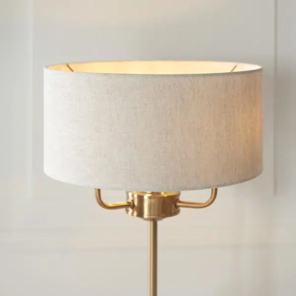 elegant 3 arm table lamp aged brass with natural shade - Stillorgan Decor