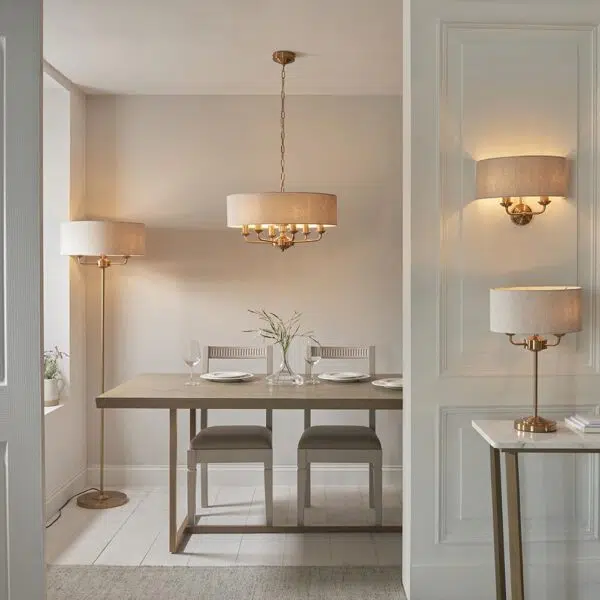 elegant 3 arm table lamp aged brass with natural shade - Stillorgan Decor