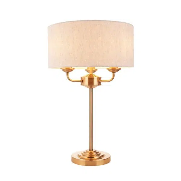 elegant 3 arm table lamp aged brass with natural shade - Stillorgan Decor