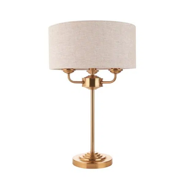 elegant 3 arm table lamp aged brass with natural shade - Stillorgan Decor