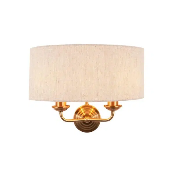elegant 2 arm wall light aged brass with natural shade - Stillorgan Decor