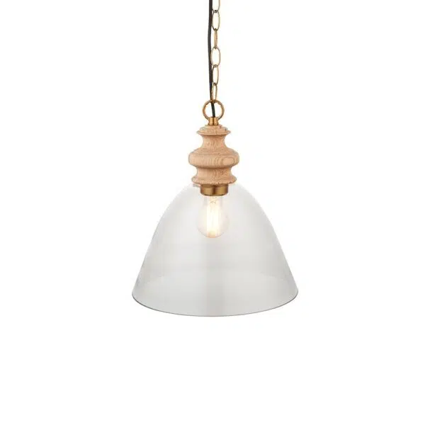 delicately flared shape clear glass and wood pendant - Stillorgan Decor