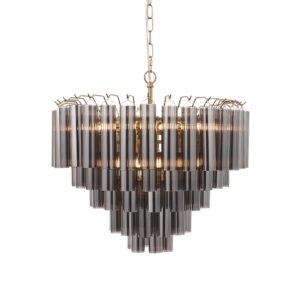 striking 12 light tiered tubular glass chandelier satin brass smokey grey glass - Stillorgan Decor