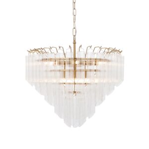striking 12 light tiered tubular glass chandelier satin brass clear ribbed glass - Stillorgan Decor