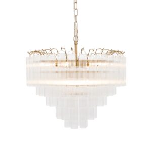 striking 12 light tiered tubular glass chandelier satin brass fine ribbed clear glass - Stillorgan Decor