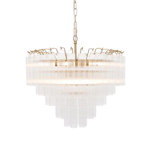 striking 12 light tiered tubular glass chandelier satin brass fine ribbed clear glass - Stillorgan Decor