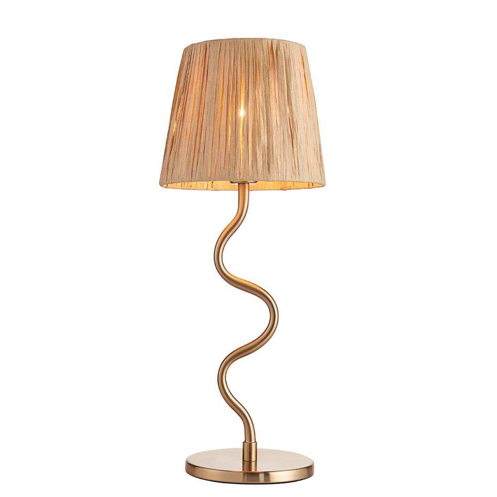 Modern Wriggle Table Lamp Brushed Brass With Raffia Shade