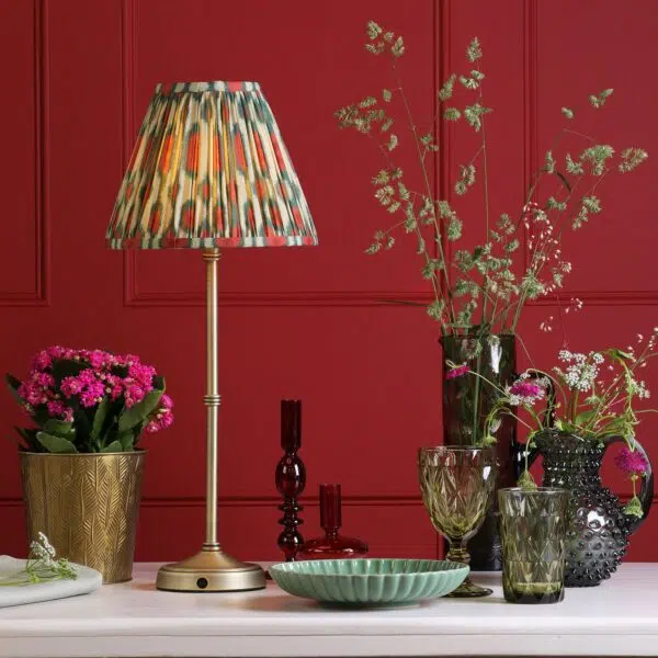stylish rechargeable table lamp antique brass with ikat shade LED - Stillorgan Decor