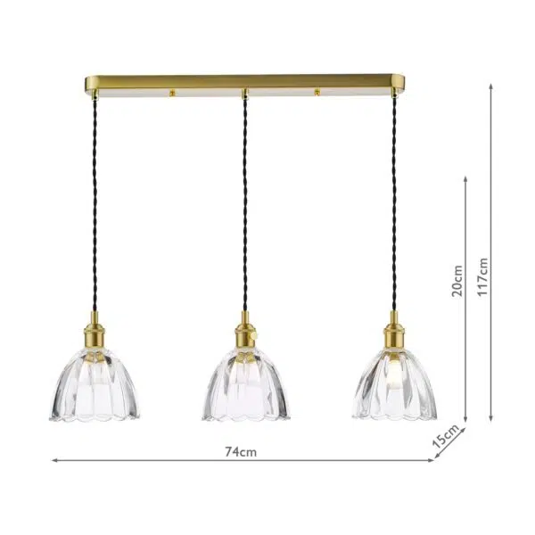 exquisite 3 light bar pendant natural brass and scalloped bell glass - Stillorgan Decor