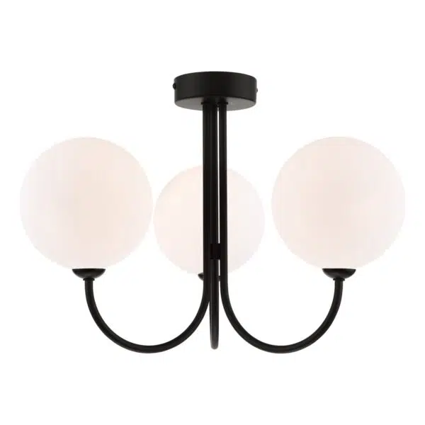 triple arm globe ceiling light semi flush matt black opal glass - Stillorgan Decor