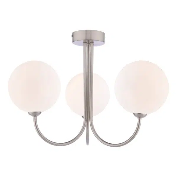 triple arm globe ceiling light semi flush satin nickel opal glass - Stillorgan Decor