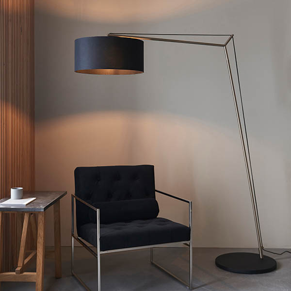 extra large angular floor lamp in matt nickel with black shade - Stillorgan Decor