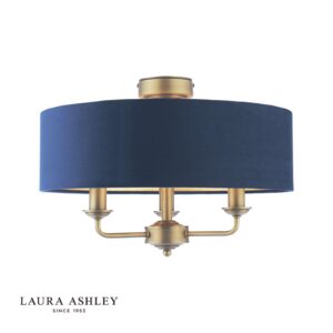 laura ashley sorrento 3 light semi-flush matt antique brass with blue shade - Stillorgan Decor