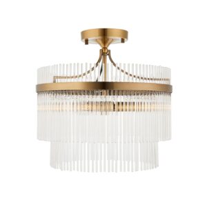 contemporary glass rod 3 light semi flush ceiling light in antique brass - Stillorgan Decor