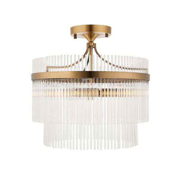 contemporary glass rod 3 light semi flush ceiling light in antique brass - Stillorgan Decor