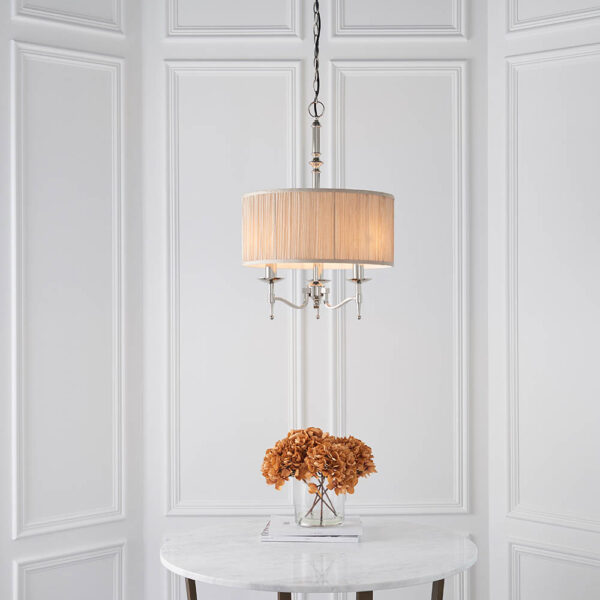 elegant nickel 3lt pendant & beige shade - Stillorgan Decor