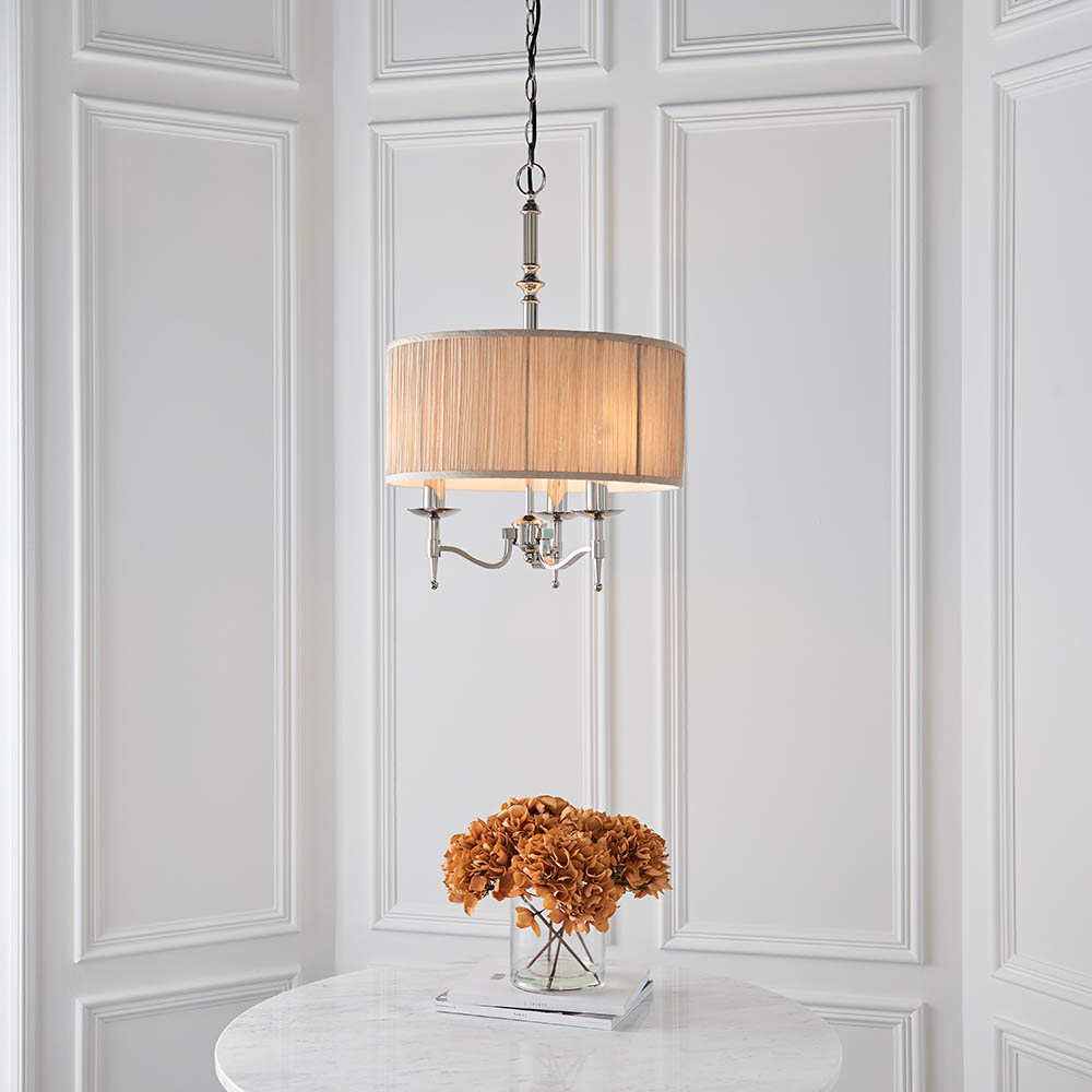 elegant nickel 3lt pendant & beige shade 2 elegant nickel 3lt pendant & beige shade - Stillorgan Decor