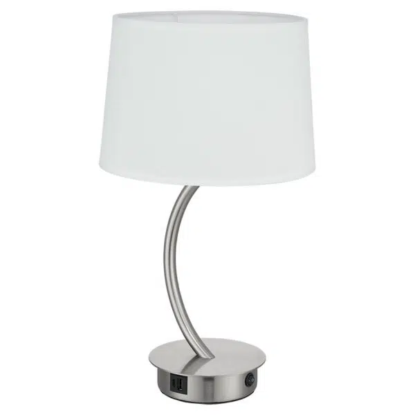 modern curved satin nickel table lamp with white shade - Stillorgan Decor