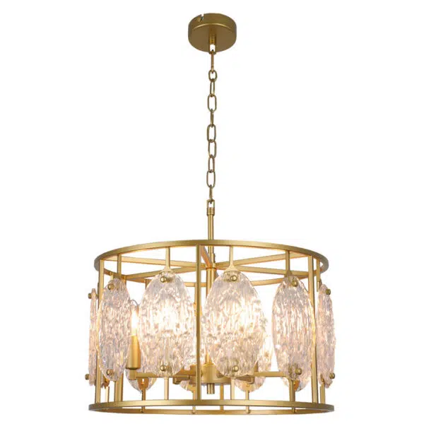 elegant 6 light elm ceiling pendant light gold with textured glass - Stillorgan Decor
