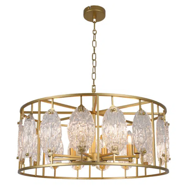 elegant 8 light elm ceiling pendant light gold with textured glass - Stillorgan Decor