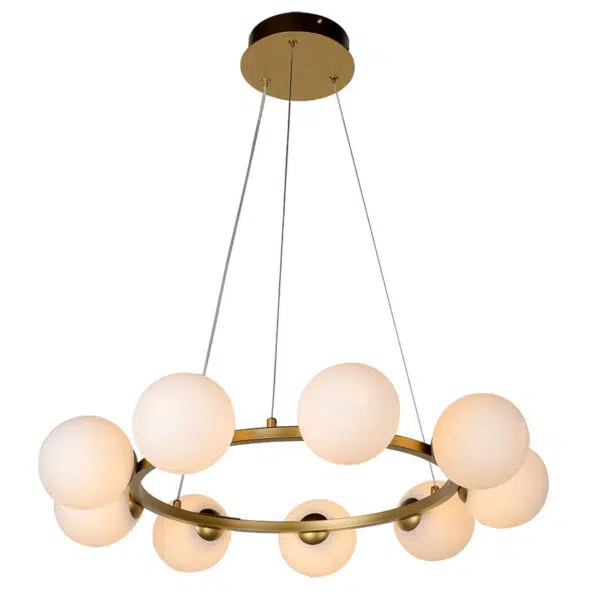 contemporary 9 light brushed brass round ceiling pendant with opal glass - Stillorgan Decor