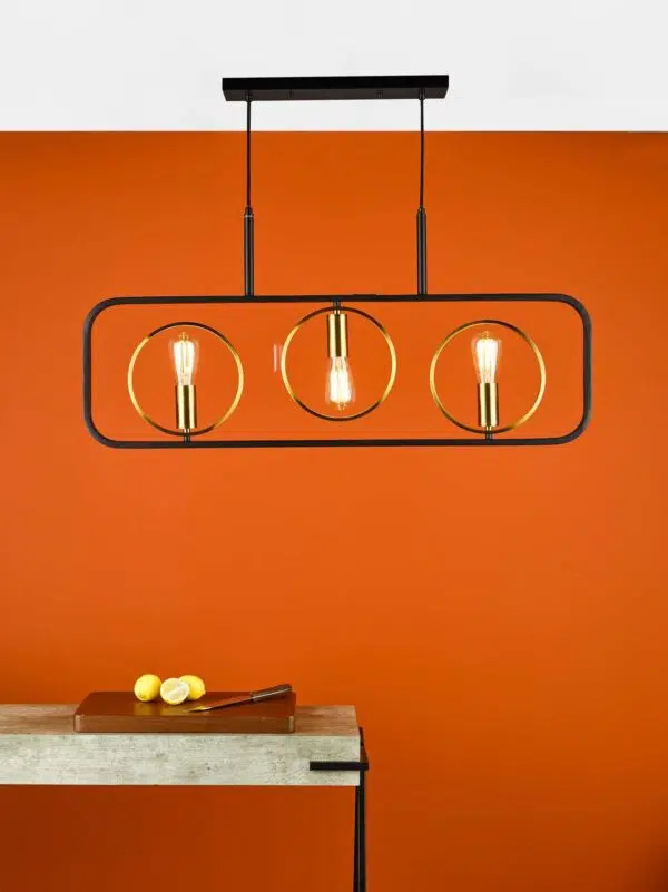 modern 3 light black bar pendant with gold halos - Stillorgan Decor