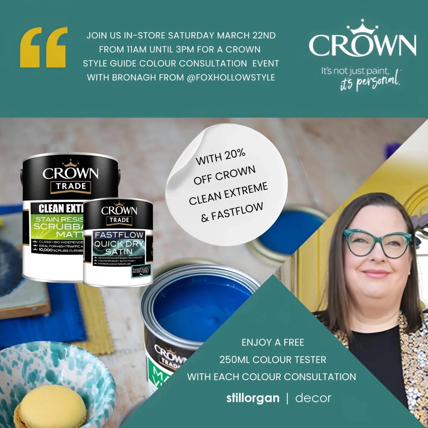 Join us in-store this Saturday March 22nd for a @crownpaintsireland Style Guide Colour Consultation Event with the brilliant Bronagh from @foxhollowstyle !