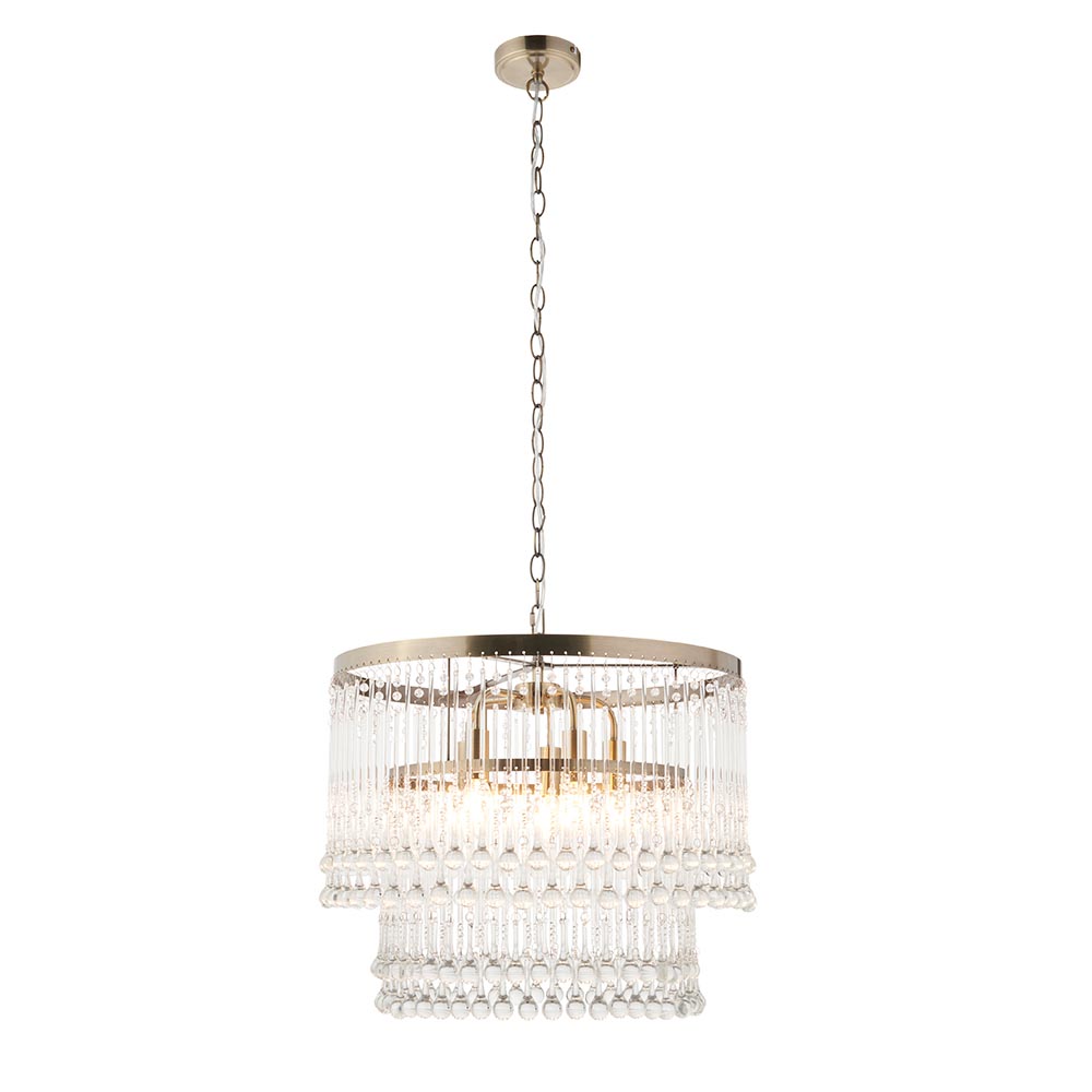 Prachtige gelaagde glazen druppelvormige kroonluchter met 5 lampen in antiek messing. Prachtige kroonluchter met meerdere glazen druppels, 5 lampen en een antieke messing afwerking. Stillorgan Decor