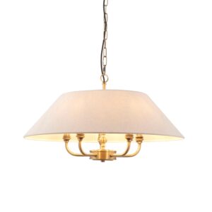 elegant 5 light pendant finished in antique brass plate with tapered shade - Stillorgan Decor