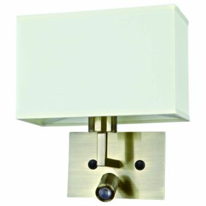 modern antique brass shaded wall light with built in led reading light - Stillorgan Decor