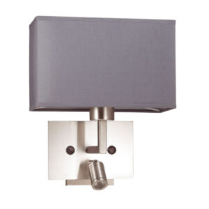 modern satin nickel shaded wall light with built in led reading light - Stillorgan Decor