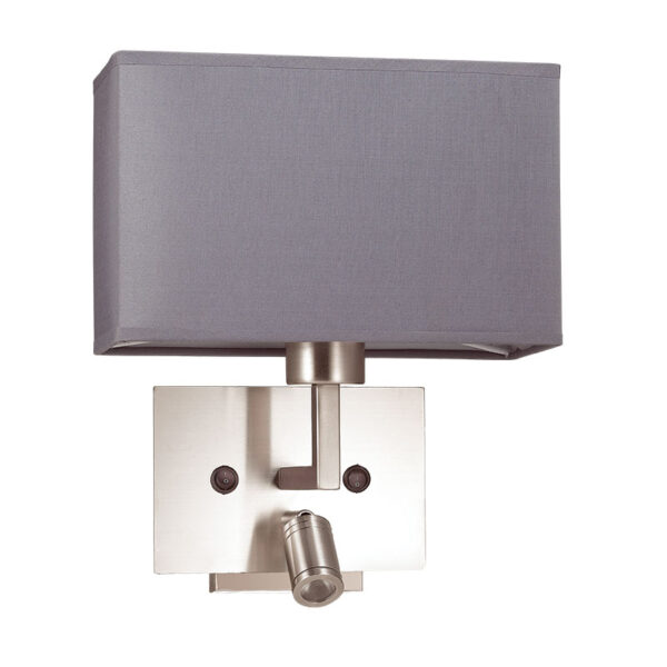 modern satin nickel shaded wall light with built in led reading light - Stillorgan Decor