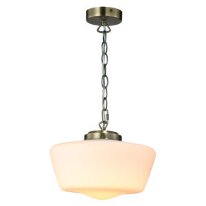 elegant schoolhouse ceiling pendant light in antique brass with white glass shade - Stillorgan Decor