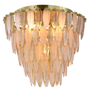 cascading leaf shaped glass 5 light semi flush ceiling light with brass frame - Stillorgan Decor