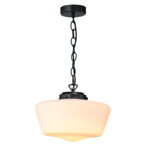 elegant schoolhouse ceiling pendant light in matt black with white glass shade - Stillorgan Decor
