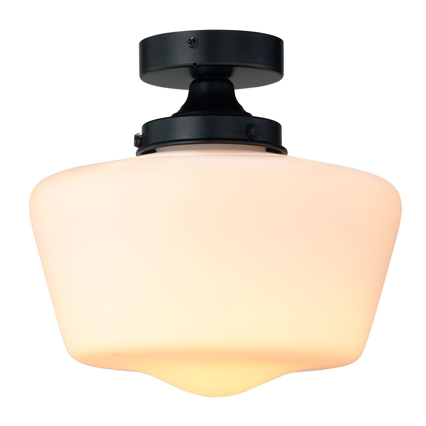 Plafonnier élégant de style école, noir mat avec abat-jour en verre blanc 1 Plafonnier encastré élégant de style école, noir mat avec abat-jour en verre blanc - Stillorgan Decor