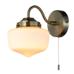 elegant schoolhouse wall light in antique brass with white glass shade - Stillorgan Decor