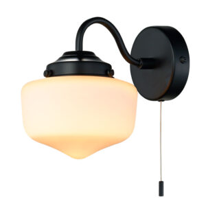 elegant schoolhouse wall light in matt black with white glass shade - Stillorgan Decor
