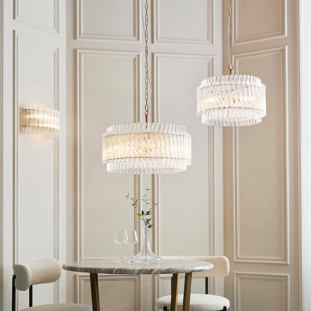 luxury double layered clear glass rod 3 light ceiling pendant in brushed aged brass 2 luxury double layered clear glass rod 3 light ceiling pendant in brushed aged brass - Stillorgan Decor