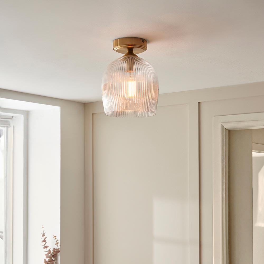 elegant flush ribbed clear glass shade ceiling light in warm brass 2 elegant flush ribbed clear glass shade ceiling light in warm brass - Stillorgan Decor