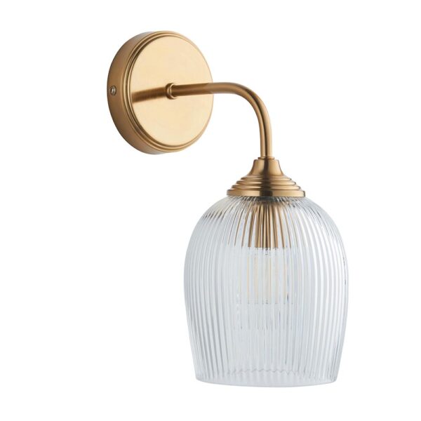 elegant arched arm clear ribbed glass shade wall light in warm brass - Stillorgan Decor