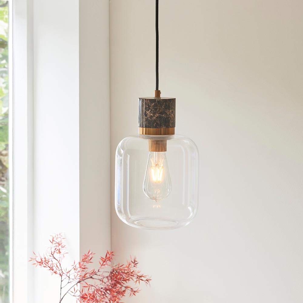 stylish single glass pendant in brass with brown marble top 2 stylish single glass pendant in brass with brown marble top - Stillorgan Decor