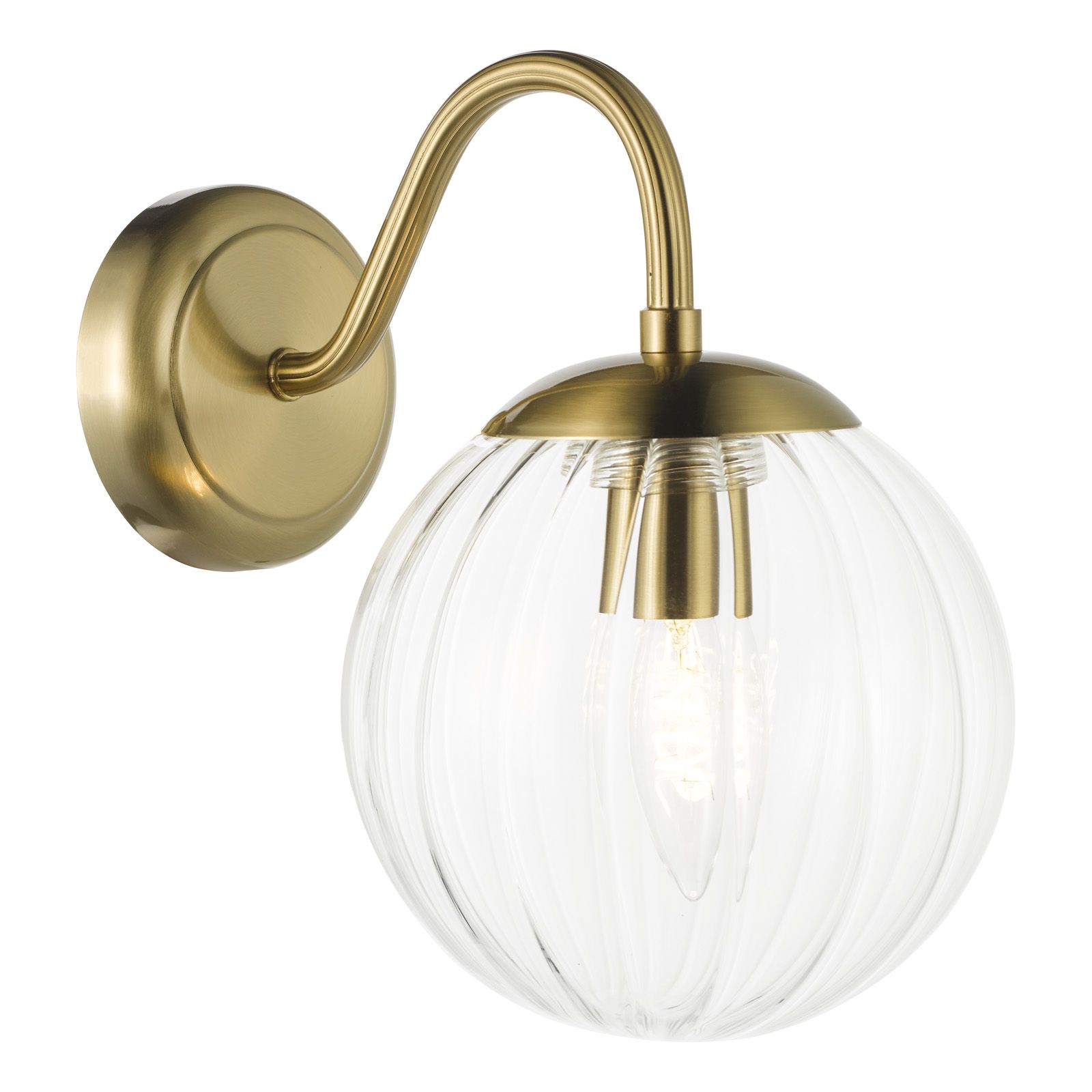 elegante applique a braccio curvo in ottone naturale con globi in vetro soffiato 1 elegante lampada da parete con braccio curvo in ottone naturale con globi in vetro soffiato - Stillorgan Decor