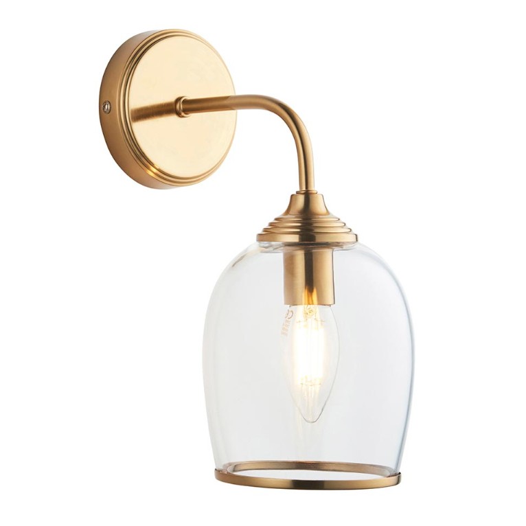 elegant arched arm clear glass shade wall light in warm brass *pre-order 1 elegant arched arm clear glass shade wall light in warm brass - Stillorgan Decor