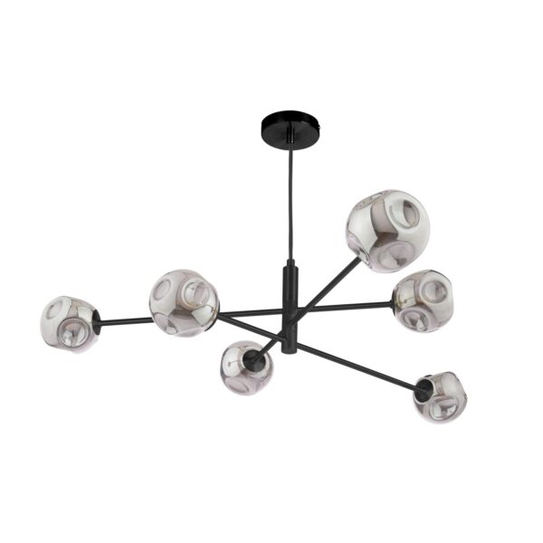 6-light arm ceiling pendant lamp matt black with closed organic smoked glass - Stillorgan Decor
